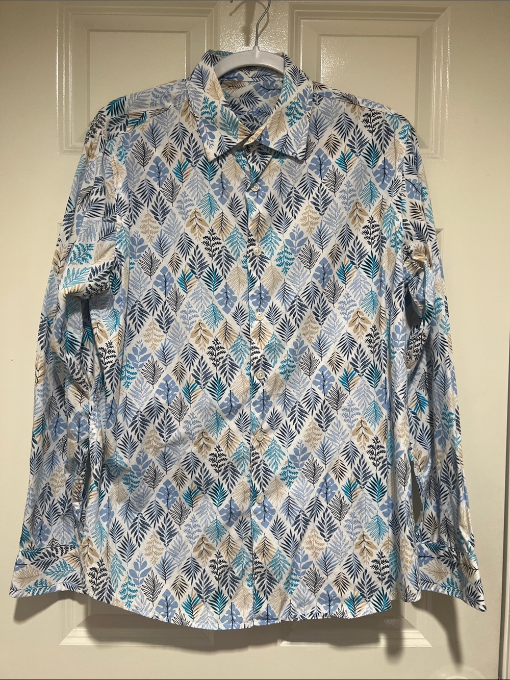 Tasso Elba Men's Long-Sleeve Leaf-Print Shirt in Blue and Tan Size M EUC